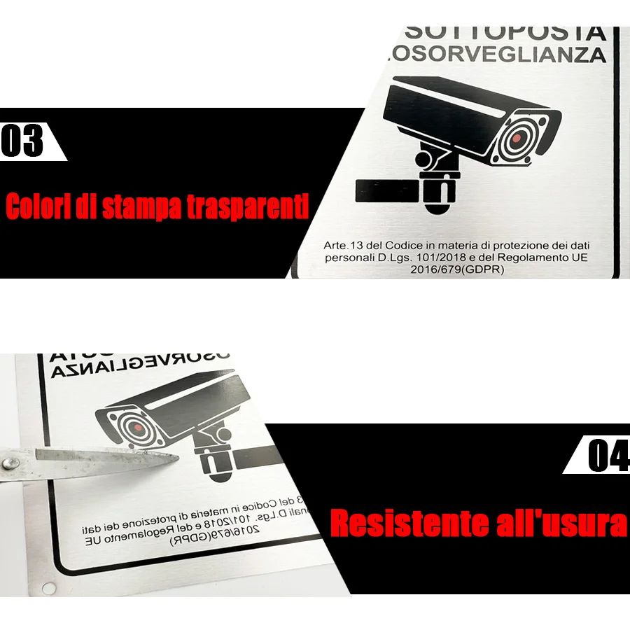 2pcs Italian Aluminum monitoring sign AREA SOTTOPOSTA A VIDEOSORVEGLIANZA self-adhesive plate