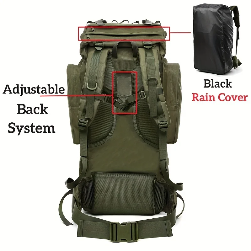 Mochila de acampamento de grande capacidade para homens Mochila de escalada para esportes ao ar livre Saco de nylon impermeável com capa de chuva 70L