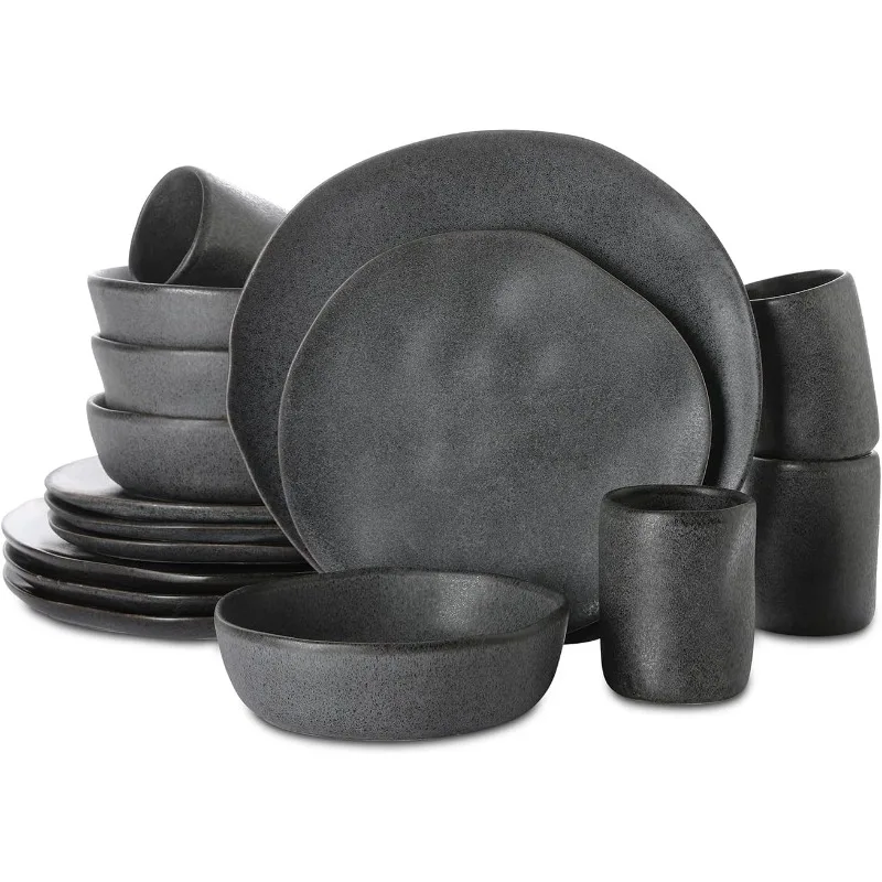 Modern Debossed Stoneware 16-Piece Dinnerware Set,Plate and Bowl Set, Dish Set for 4,