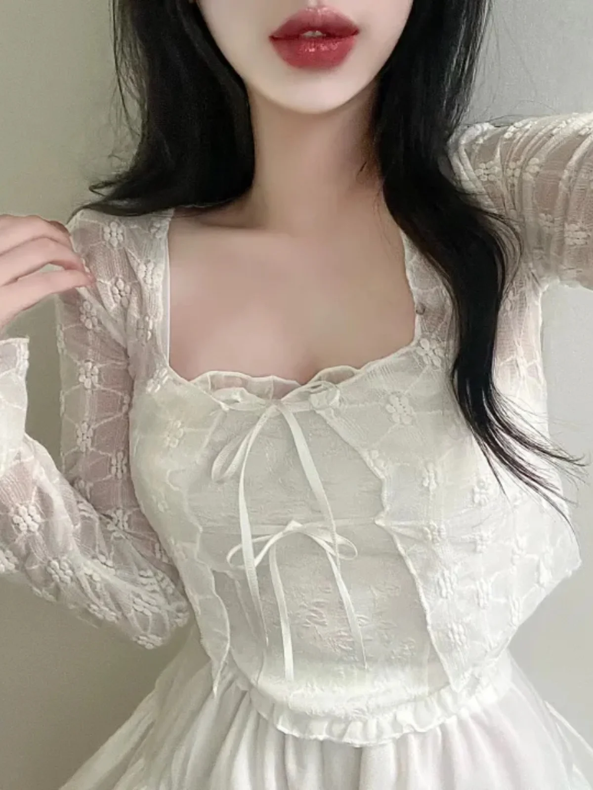 

Short Lace Open Cardigan Women's Korean Style Spring Sweet round Neck Tie Thin Long Sleeve Floral Print Commute Slim Fit Jacket