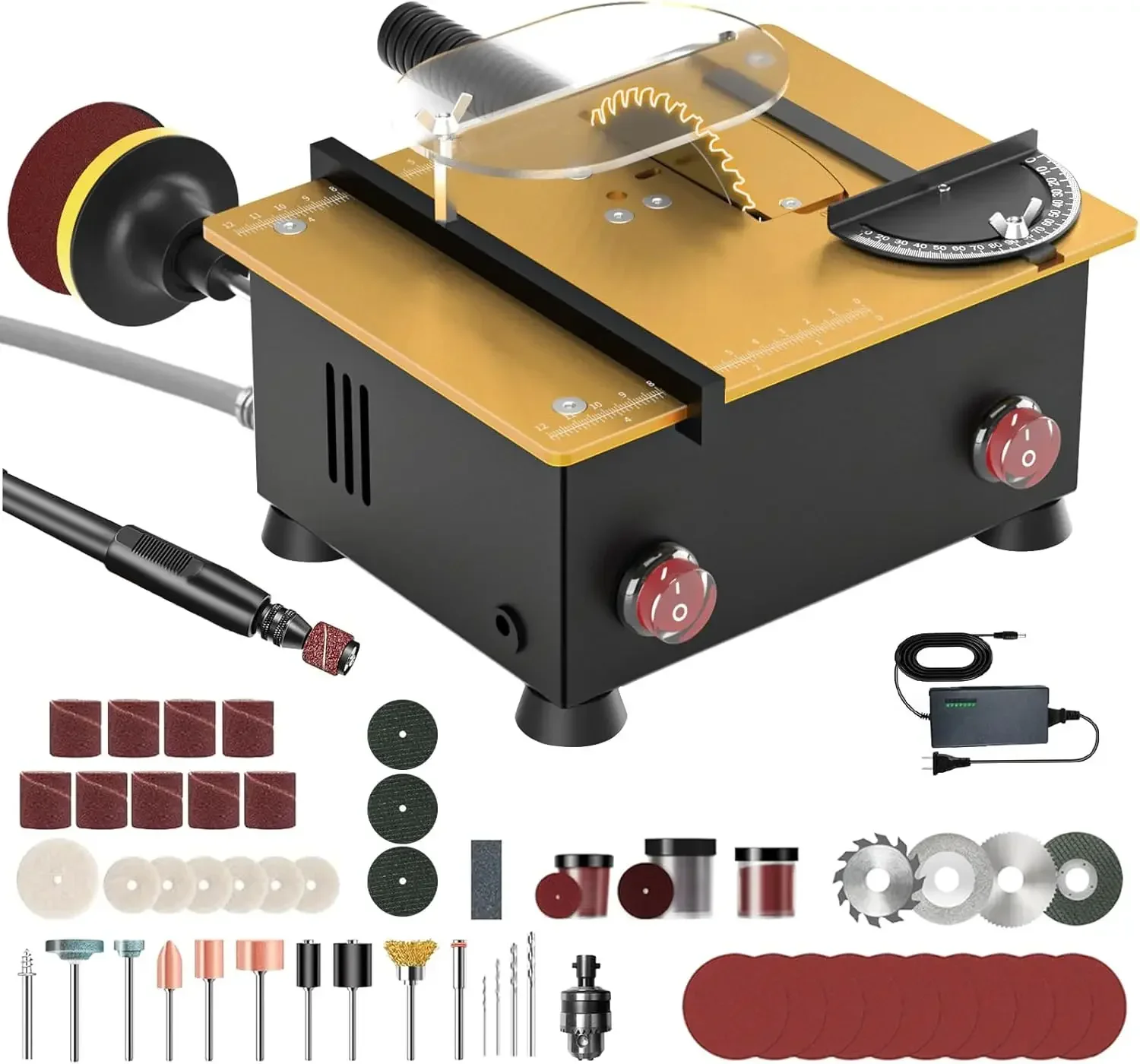 

Mini Table Saw for Crafts[Dual 795 Motors & Switches] Max 200W/12,000RPM/26mm Adjustable Height Table Saw with Accessories.Gift