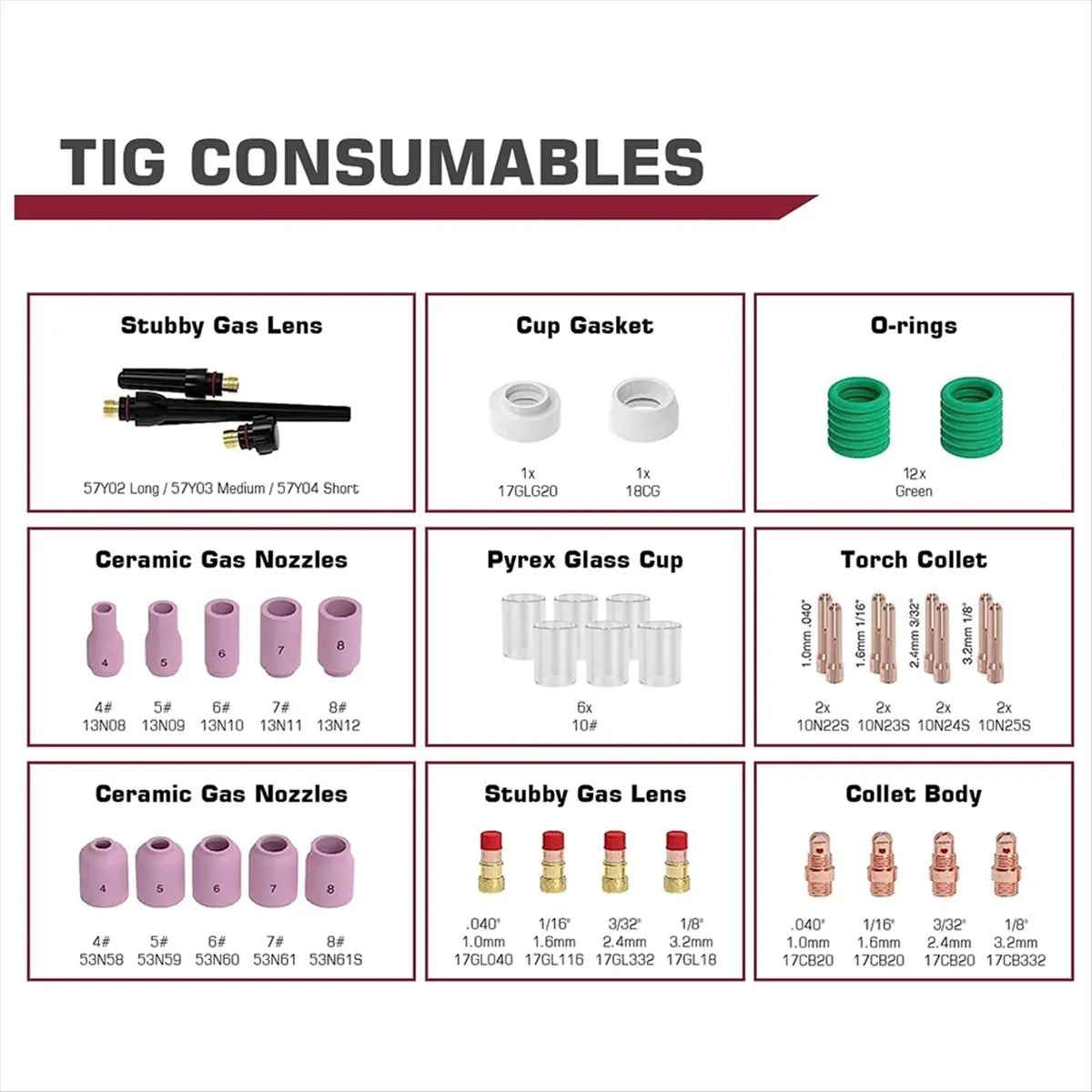 2026 + 49pcs TIG Welding Torch Accessories Kit Alumina Nozzle Collets Body Stubby Lens 12 Glass Cup Consumables Kit