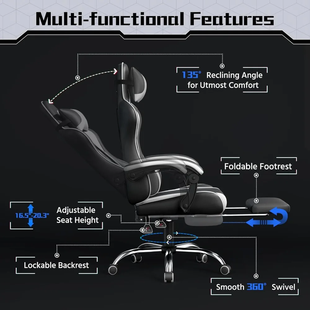 Ergonomic Gaming Chair with Swivel Seat&Headrest, Adjustable Video Game Chair with Massage Lumbar Support and Footrest Height image 5