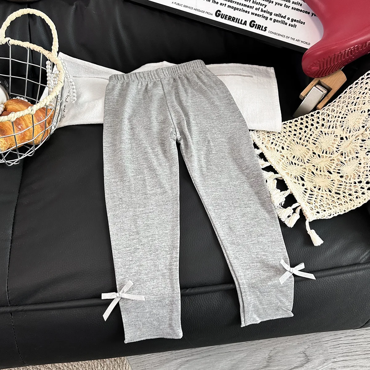 Spring Summer Girl's Trousers Solid Stretch Child Pants Girls Leggings Bow Decor Slim Fit Kids Basic Pants