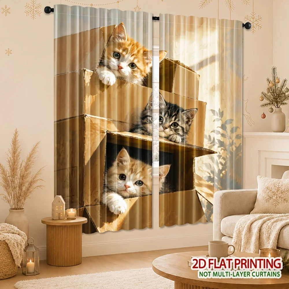 2PCS Digital Print Curtains, Cardboard Box Cat, Cute Cartoon