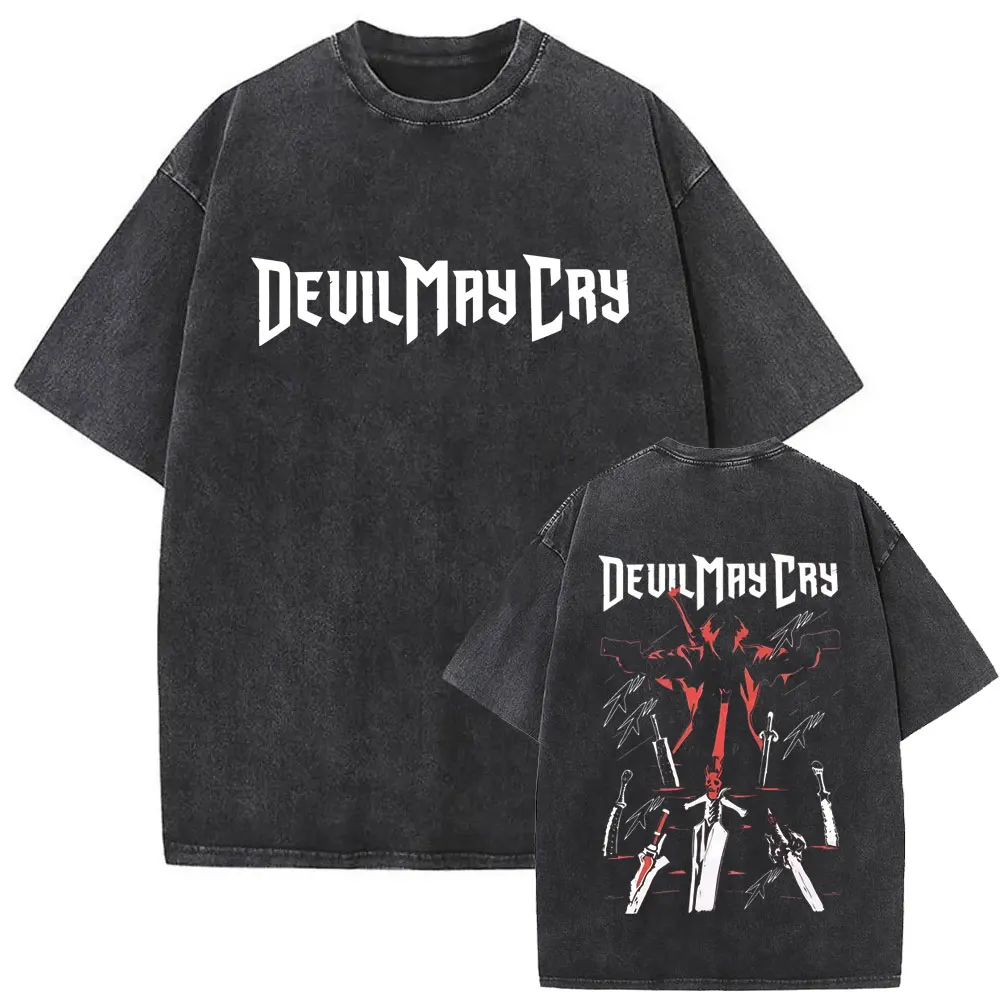 Washed Vintage Game Devil May Cry Vergil Graphic T-shirt Men Women Otaku Lovers T Shirts Oversized Short Sleeve Cotton T-shirts