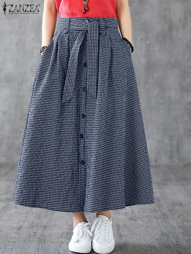 ZANZEA 2025 Summer Overskirts Women Plaid Long Skirts Fashion Bowtie Belted Jupes Holiday Korean Elastic Waist Pocket Bottoms