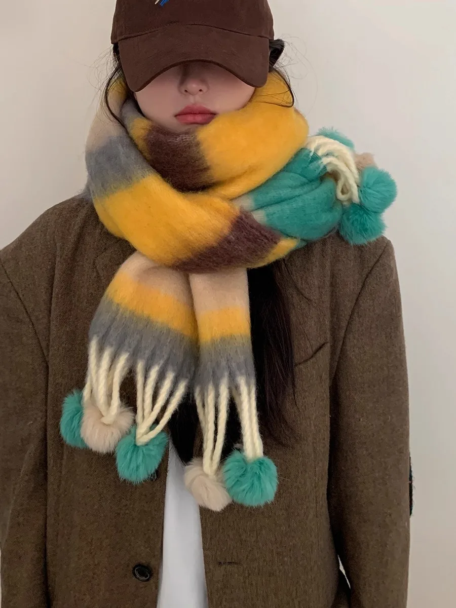 

Женский шарф с кисточками и цветными блоками, новинка зимы 2025, утолщенный теплый шарф для шеи, универсальный шарф в корейском стиле для холода