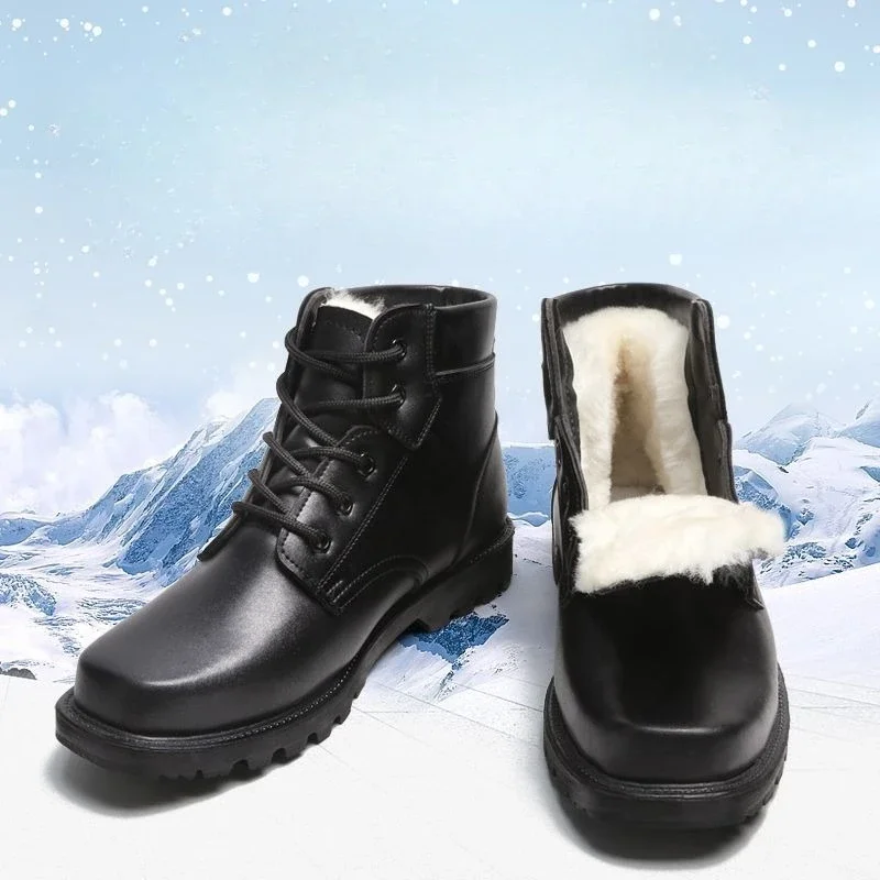 Men's Winter Genuine Leather Wool Lined High Top Snow Boots