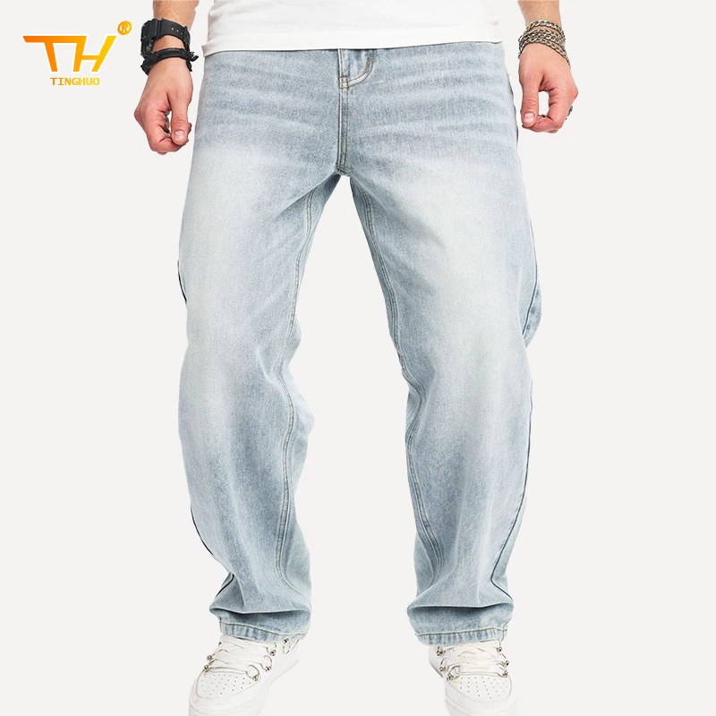 Tinghuo calças de brim baggy masculinas botão solto voar perna reta jeans casuais calças jeans masculino designer y2k roupas pantalones hombre