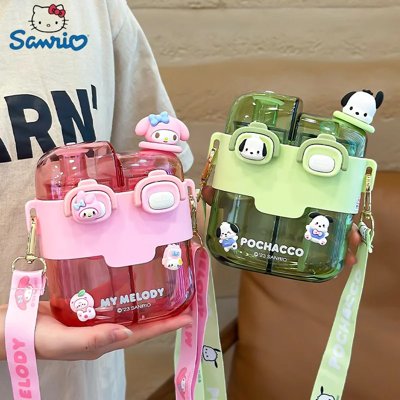 530ml/780ml Sanrio Double Drinking Cup My Melody Cinnamoroll Large-capacity Double Straw Cups Children's Square Kettle Portable