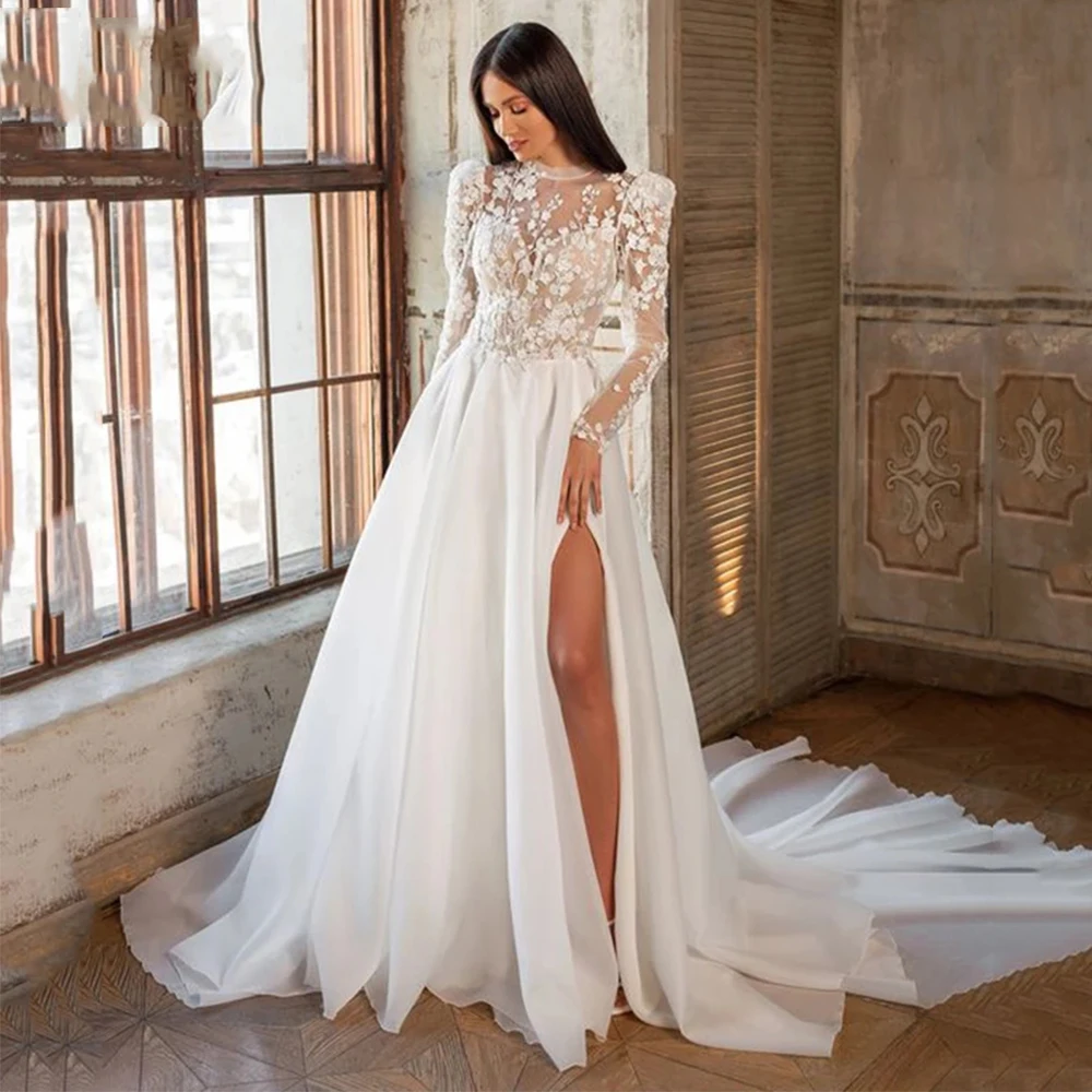 Robe de mariée bohème à fourche haute, belle robe de luxe, ligne A, col haut, dentelle, tulle, patients de plage, manches longues, train de balayage, nouveau