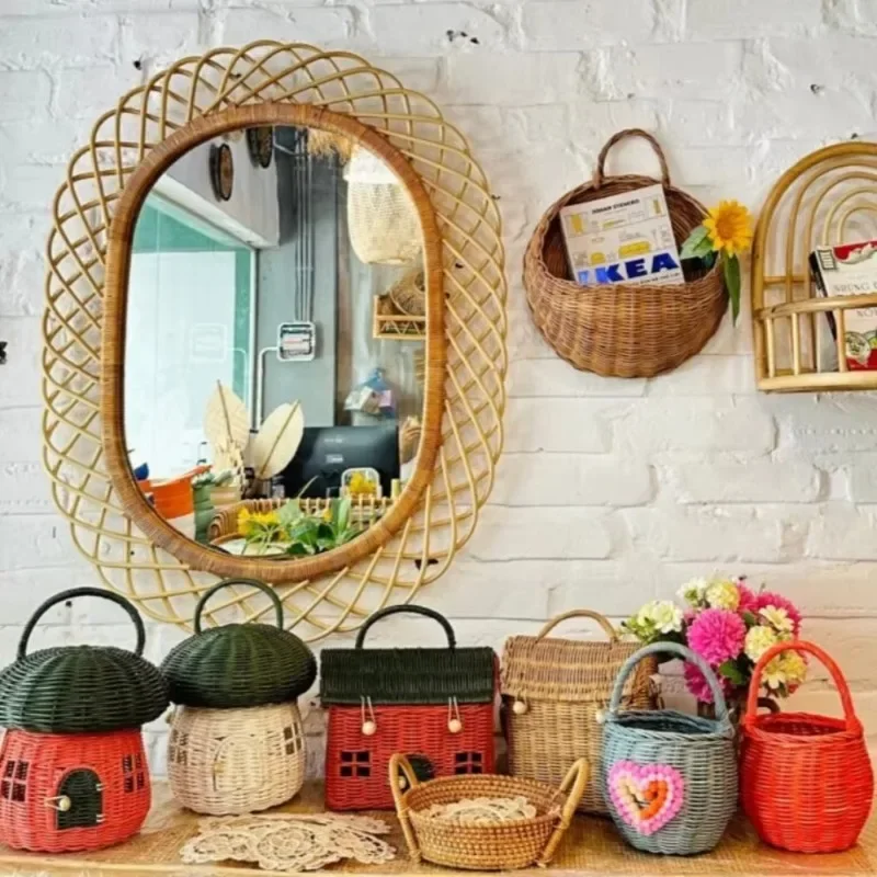 Modern round rattan wall mirror