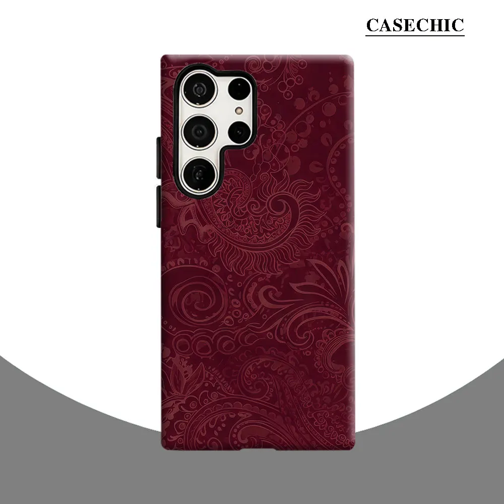 Burgundy Paisley Phone Case for Samsung Galaxy S26 S25 Ultra S24 S23 Ultra Plus Shockproof Double layer tough Back Cover