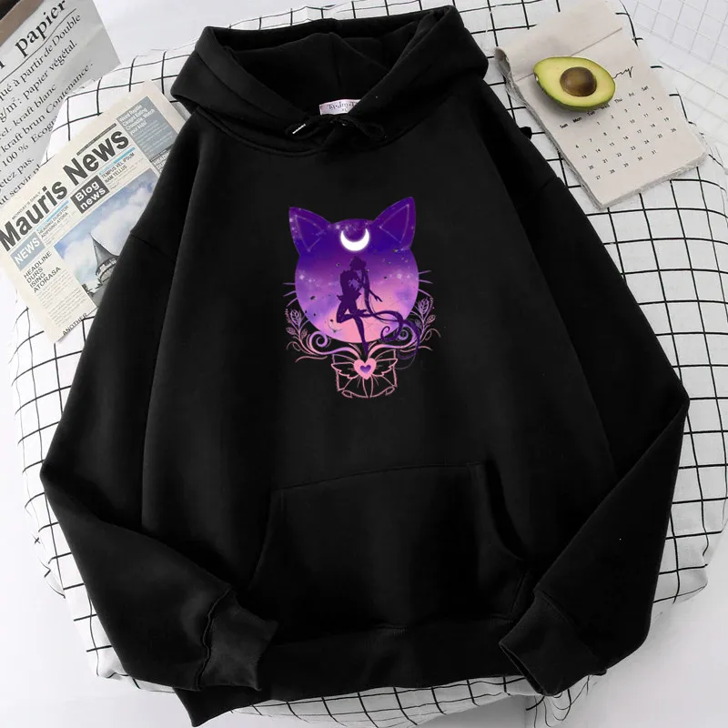 Vintage Anime Plus Size Hoodie Women Sweatshirts Printed Cat Moon Long Sleeve Hooded Kawaii Cartoon Female Streetwear Tops