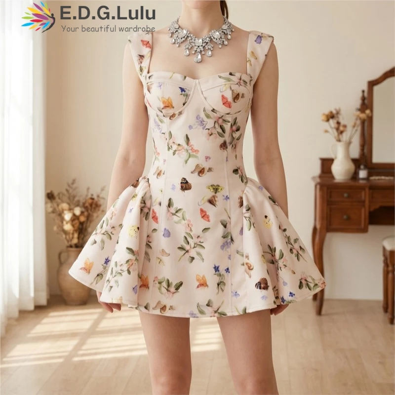 EDGLuLu  2026 New Sexy Backless Sleeveless Women's Summer Dress Butterfly Print Sweet Beach Vacation Mini Dress 0617