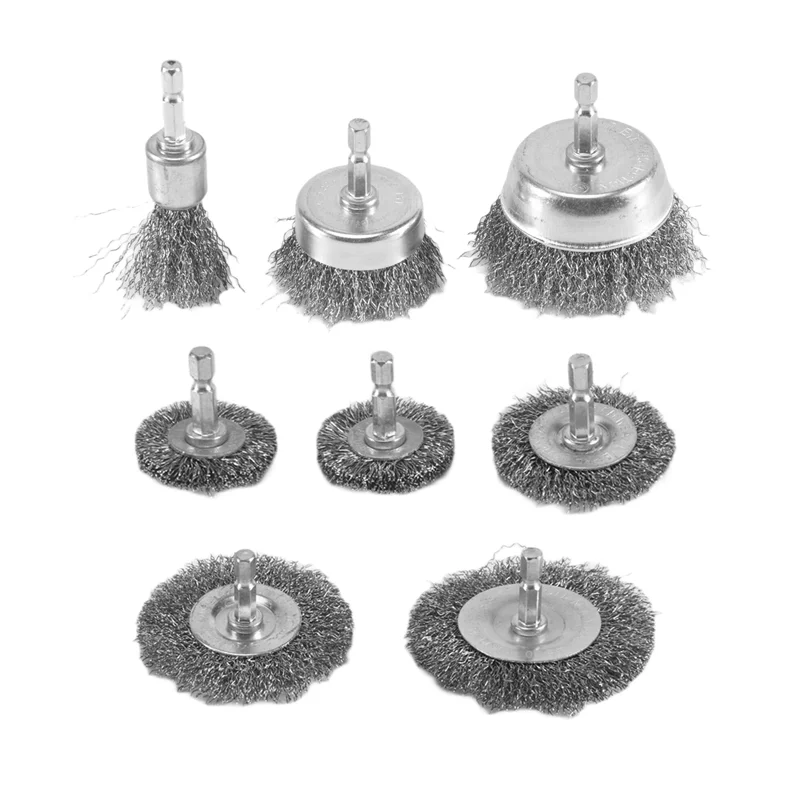 

HGSW-8 Pieces Wire Brush Wheel Cup Brush Set 1/4Inch Hex Coarse Crimped Carbon Steel Wire Wheel For Rust Removal