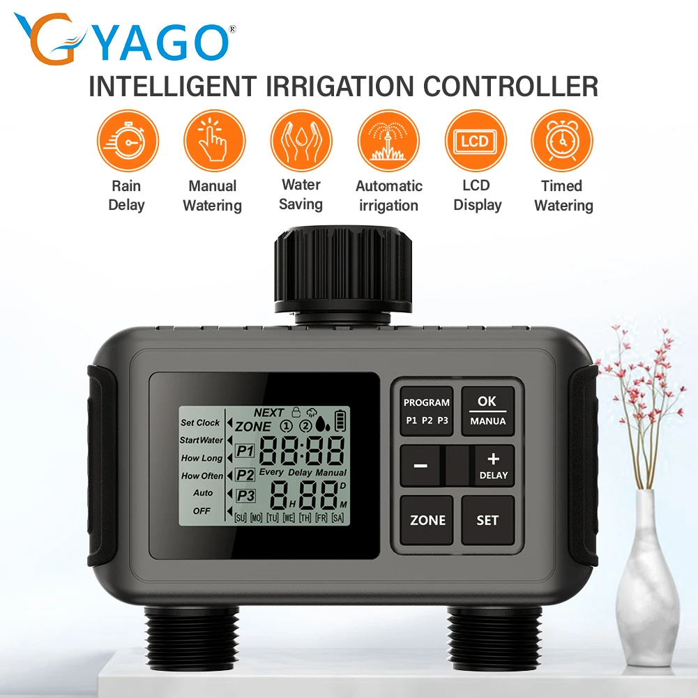 

LCD Smart Irrigation Controller Outdoor 2 Zone Programmable Timer Automatic Water Filling for Garden Aquariums Lawn Cultivation