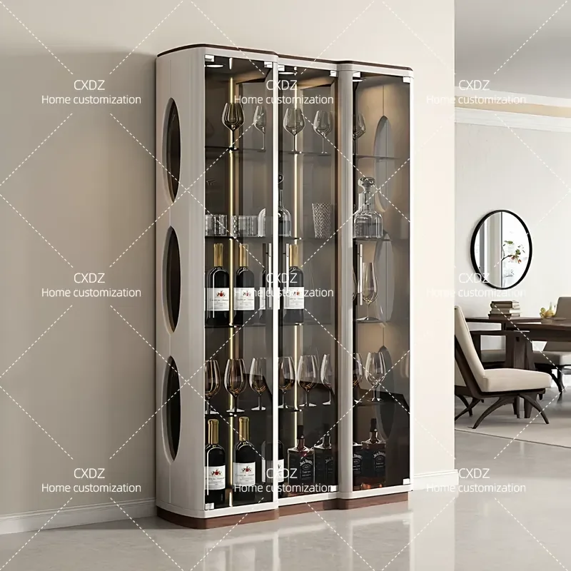 Medieval tempered glass wine cabinet, living room study display cabinet, multi-functional hollow 3-door storage figure