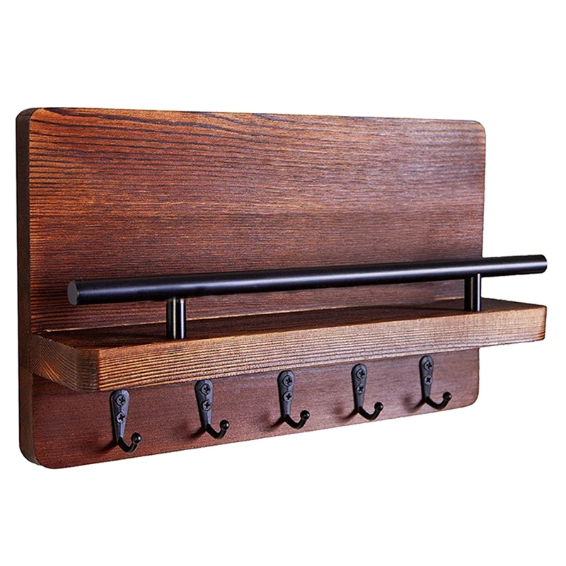 

Key Holder For Wall With Shelf,Wood Wall Shelf With Hooks,Mail Organizer For Wall Mount