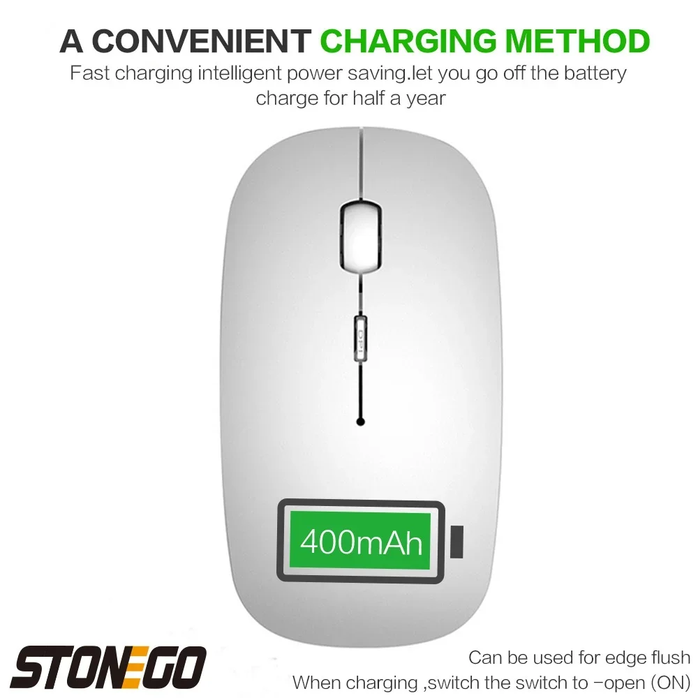 STONEGO Portable Wireless Mouse, Rechargeable 2.4G Optical Silent Ultra Thin Wireless Computer Mouse with USB Receiver