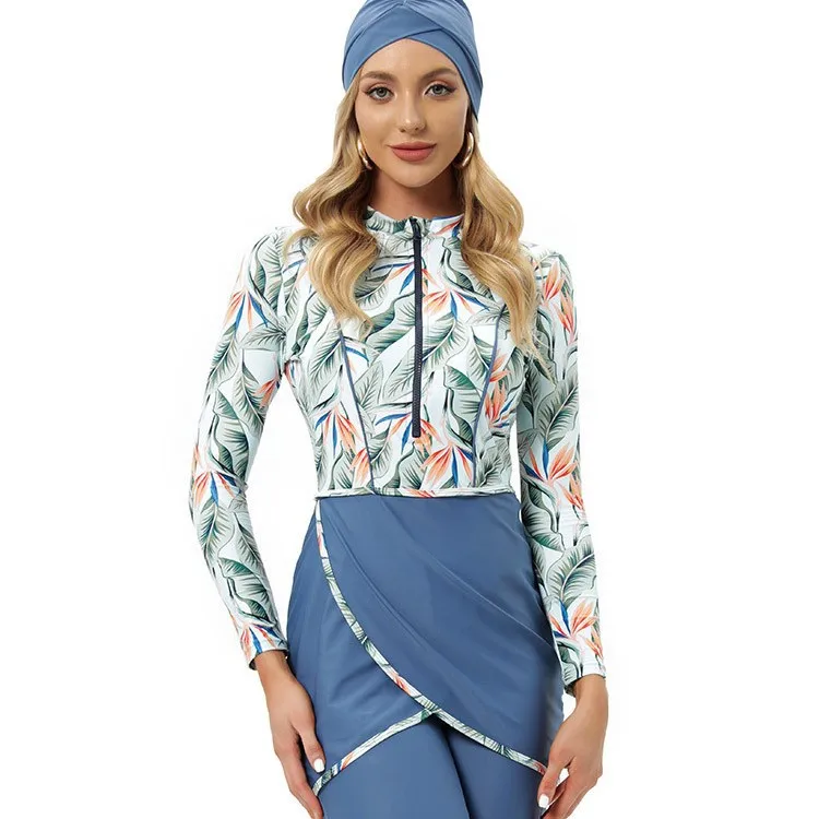 

Women Modest Muslim Swimwear Patchwork Hijab Sport Long Sleeves Swimsuit 3pcs Islamic Burkini Wear Bathing Suit