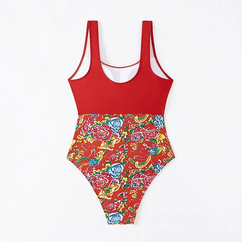 New 2024 European and American Bikini Bikini One-piece Retro Northeast Big Flower Slimming Swimsuit