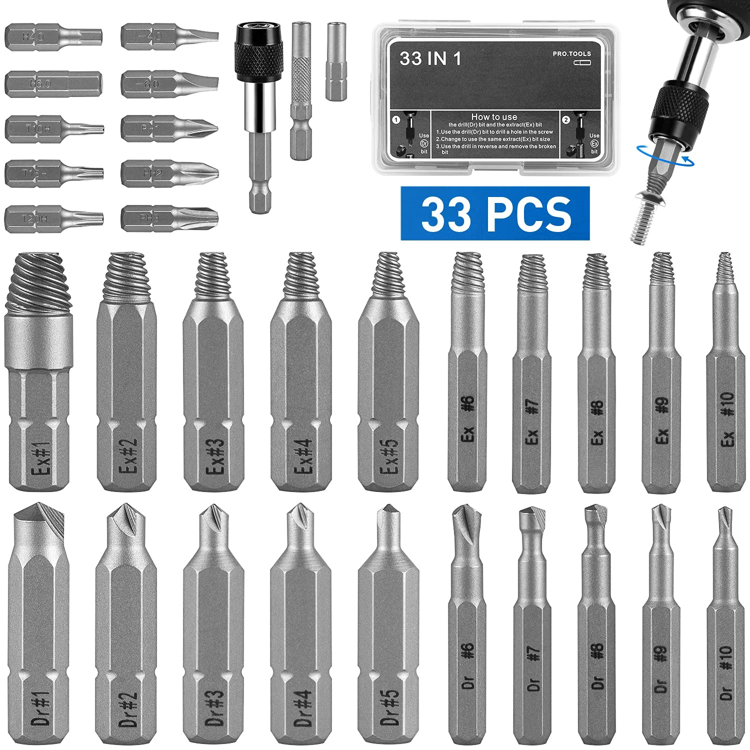 33PCS Broken Screw Puller Kit Screw Puller Removal Tool with Socket Extension Bit Easily Removes Breakout Bolts for All Purposes