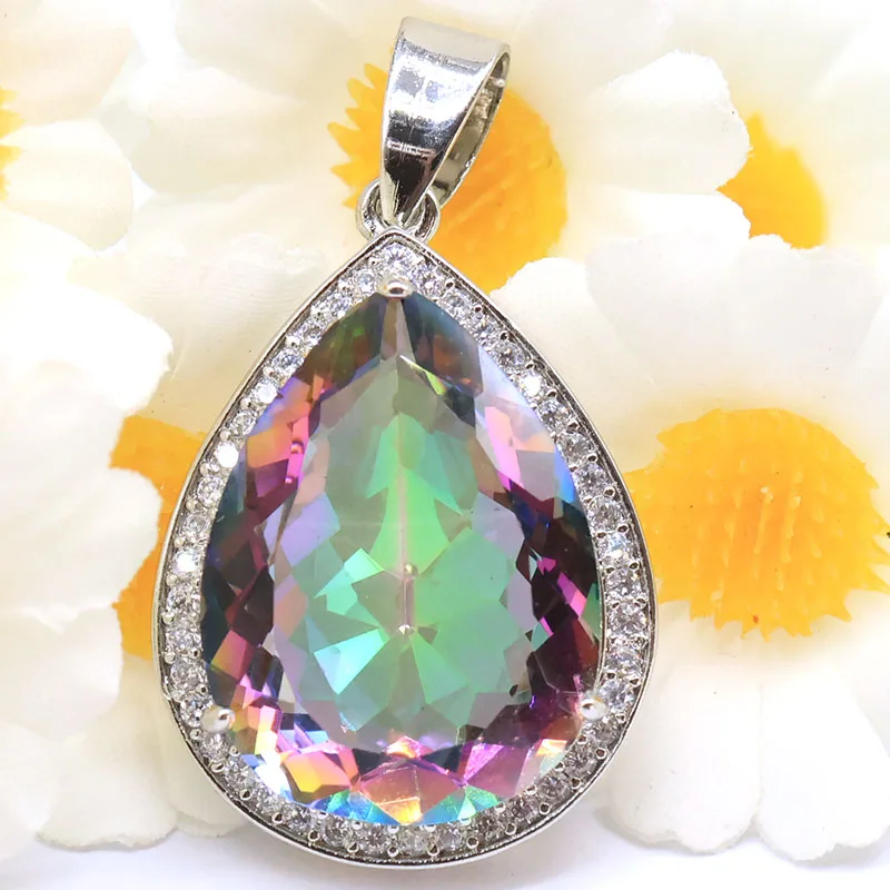 

Buy 5 Get 1 Free 33x19mm Amazing Big Drop Fire Rainbow Mystic Topaz White CZ Women Wedding Silver Pendant