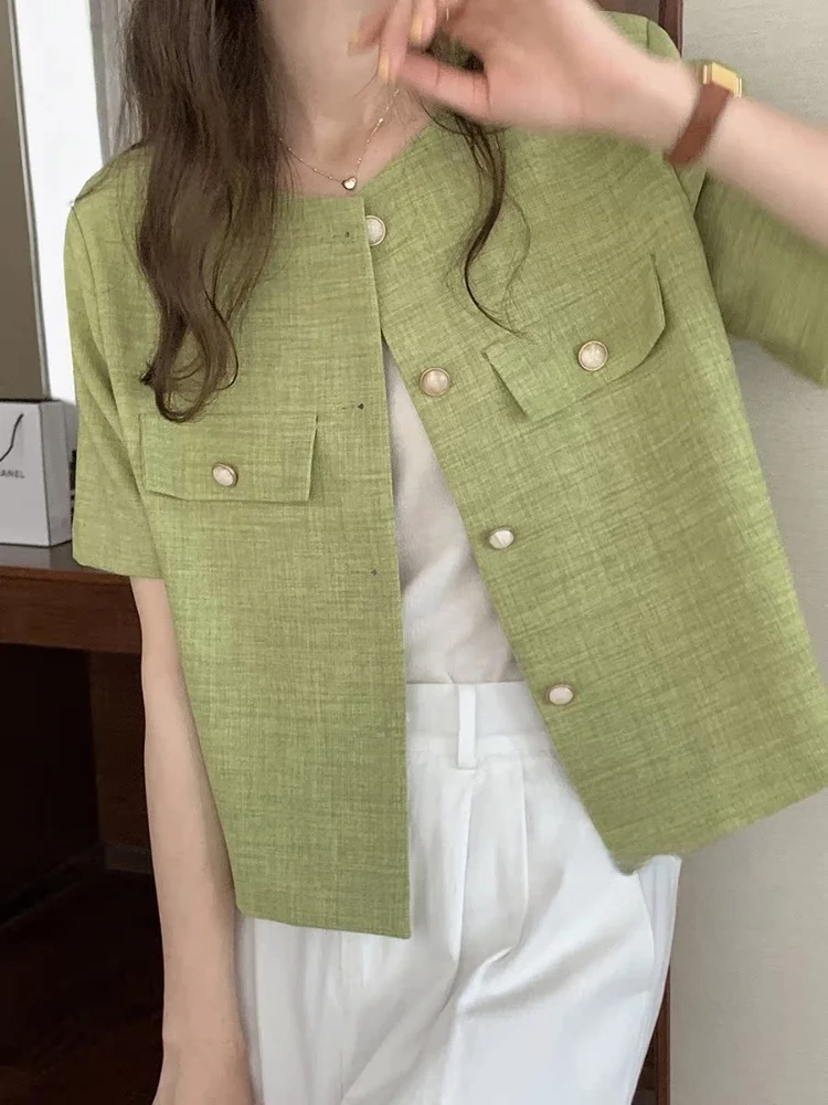 een ort Sve Suit Jaet ผู้หญิงฤดูร้อน Faion ขนาดเล็ก High-End รู้สึกบางเสื้อสเวตเตอร์ถักรอบ Ne ปุ่มรายละเอียด