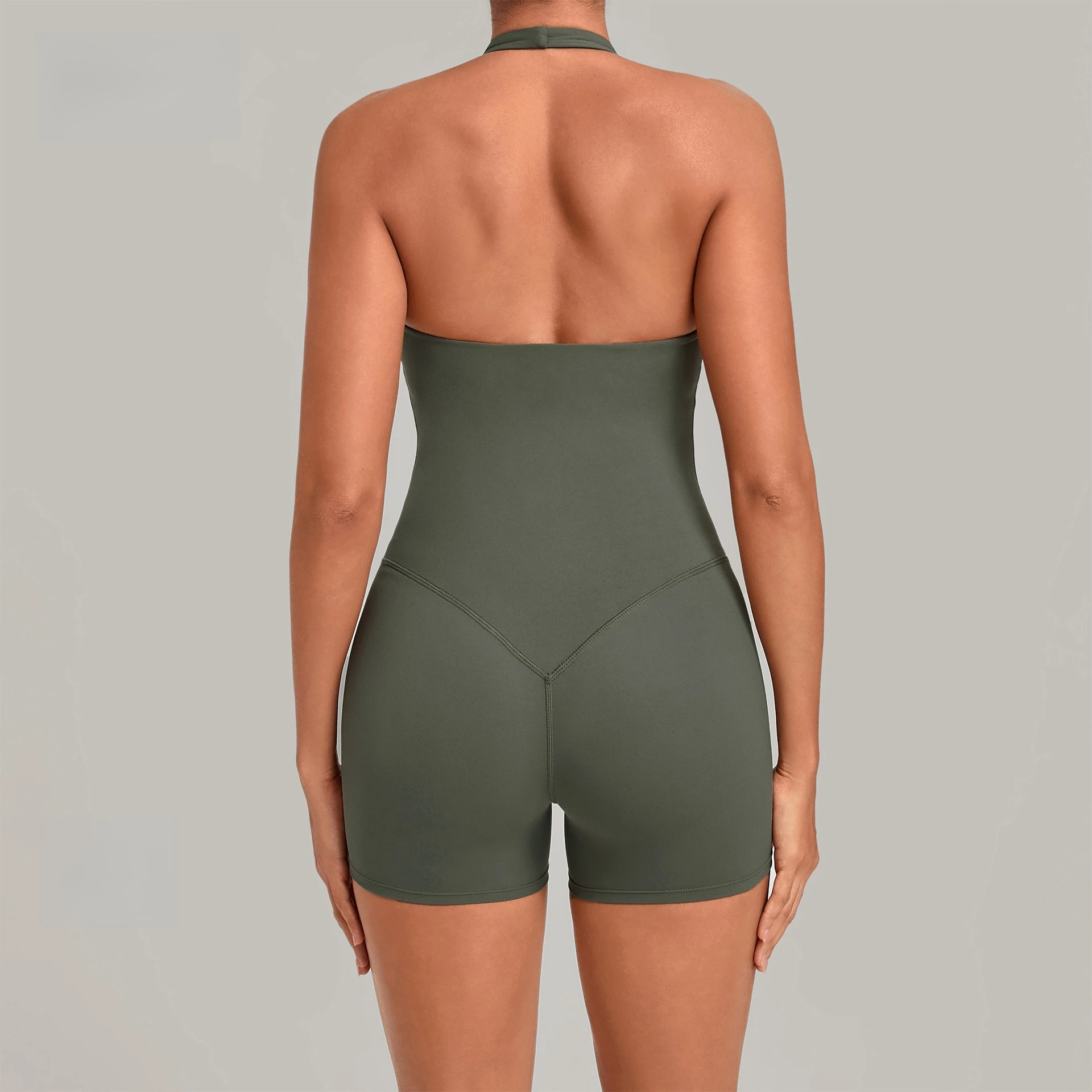 Women Back V Butt Lifting Sleeveless Shorts Fitness Jumpsuit Backless Halter Removable Chest Pads Plus Size Yoga Sports Bodysuit