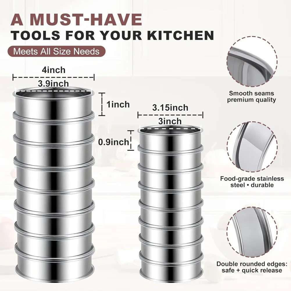 16 Piece Stainless Steel Muffin Ring Set for Crumpet and Pancake Portioning 430 Stainless for Repeated Use 16 Piece