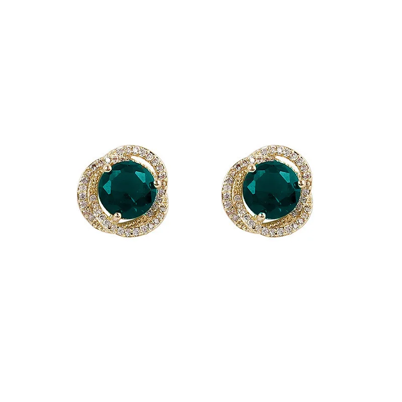 Hollow Twist Metal Inlay Green Rhinestones Stud Earrings for Women Girls Small Fashion Crystal Jewelry Golden Accessories Gift