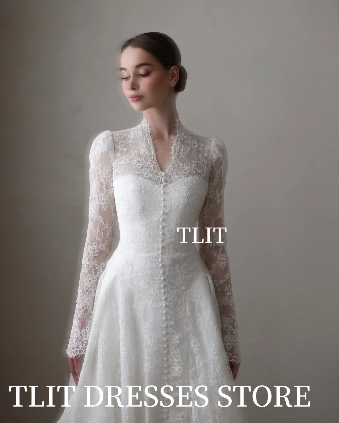 TLIT Vintage Ivory Lace A-Line Wedding Dresses Customized V-Neck  فساتين زفاف Buttons Long Sleeves Bridal Gowns