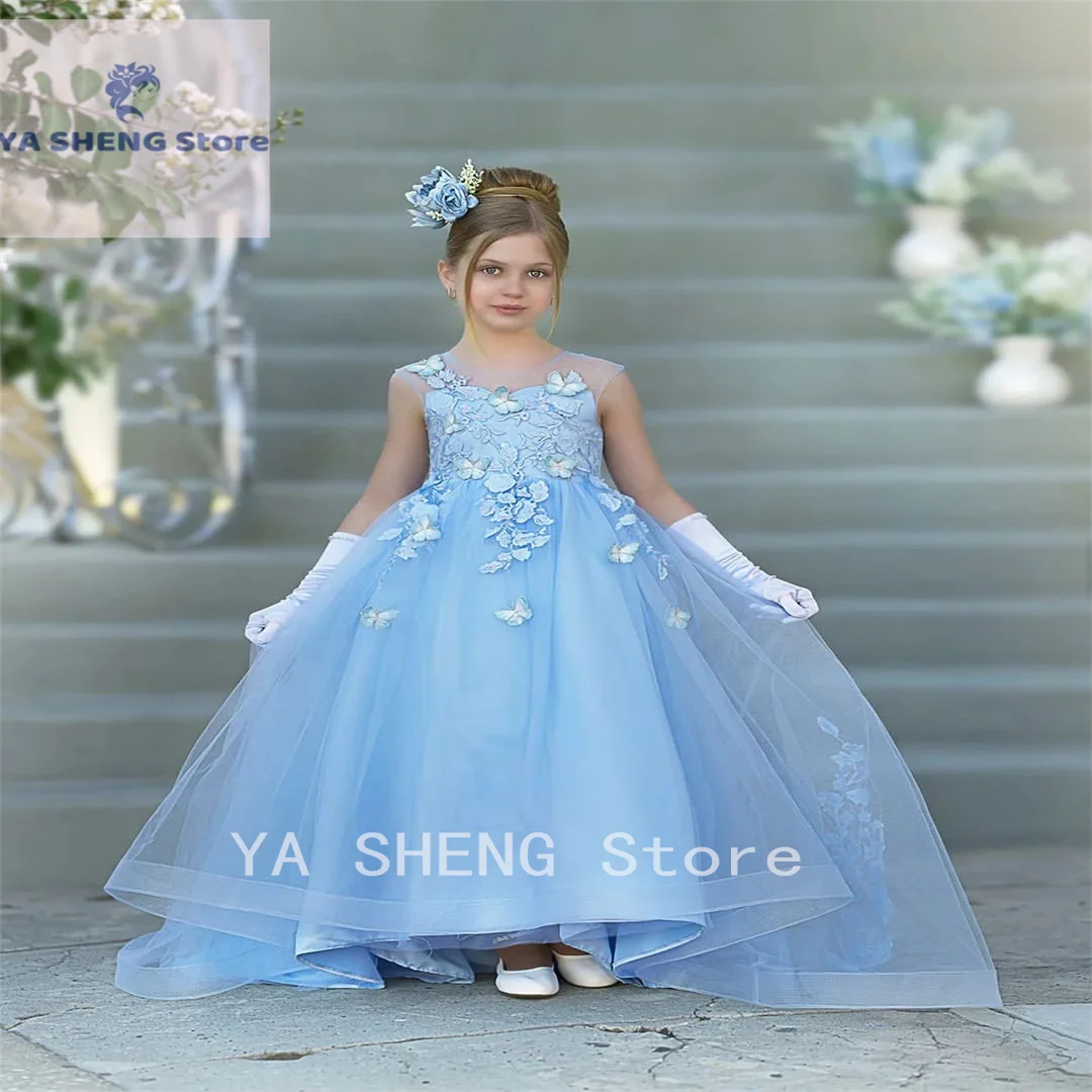 

Baby Blue Flower Girls Dresses Butterflies Appliques Girl Pageant Gowns Toddler First Communion Dress Floor Length Kids Formal W