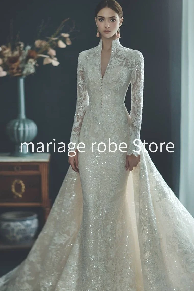 Ivory Mermaid Two Pieces Wedding Dresses with Detachable Train Gillter Lace Long Sleeve Civil Church Bridal Gown Bespoke