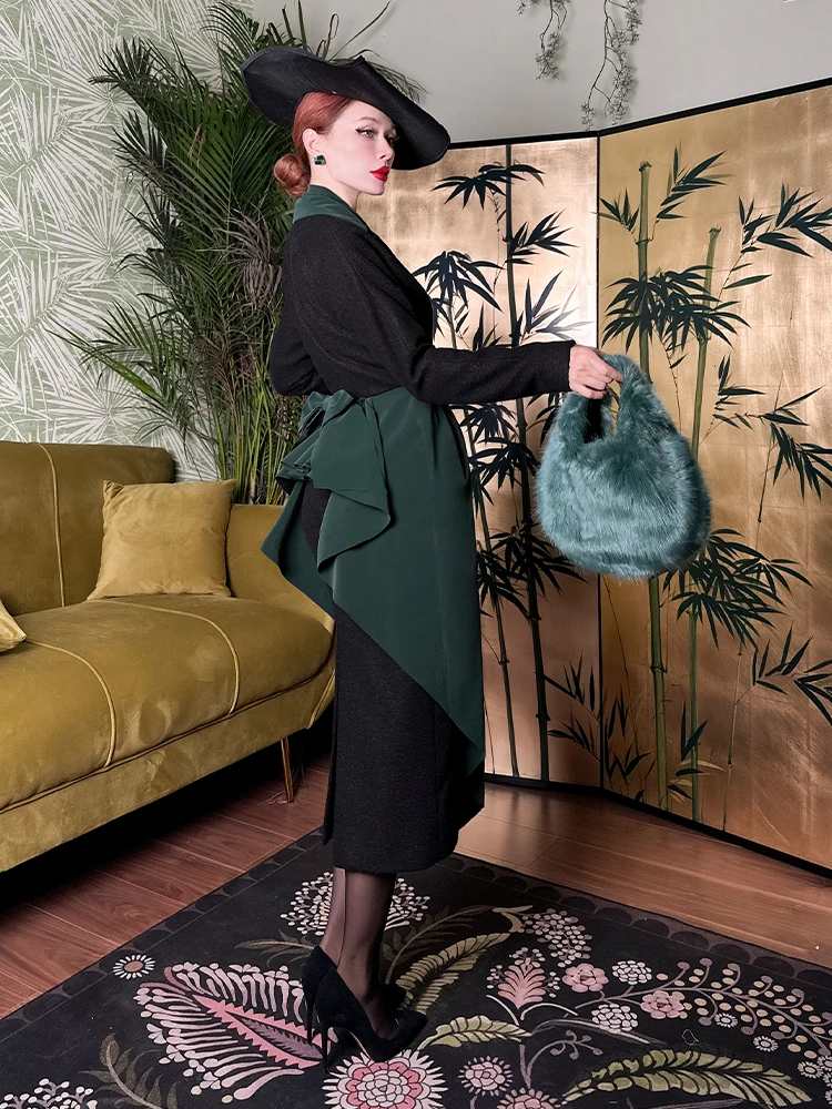 

Le Palais Vintage Original Ele een Velvet Woolen Long Coat Sli Commute Design with Belt Mid-Length Faionable