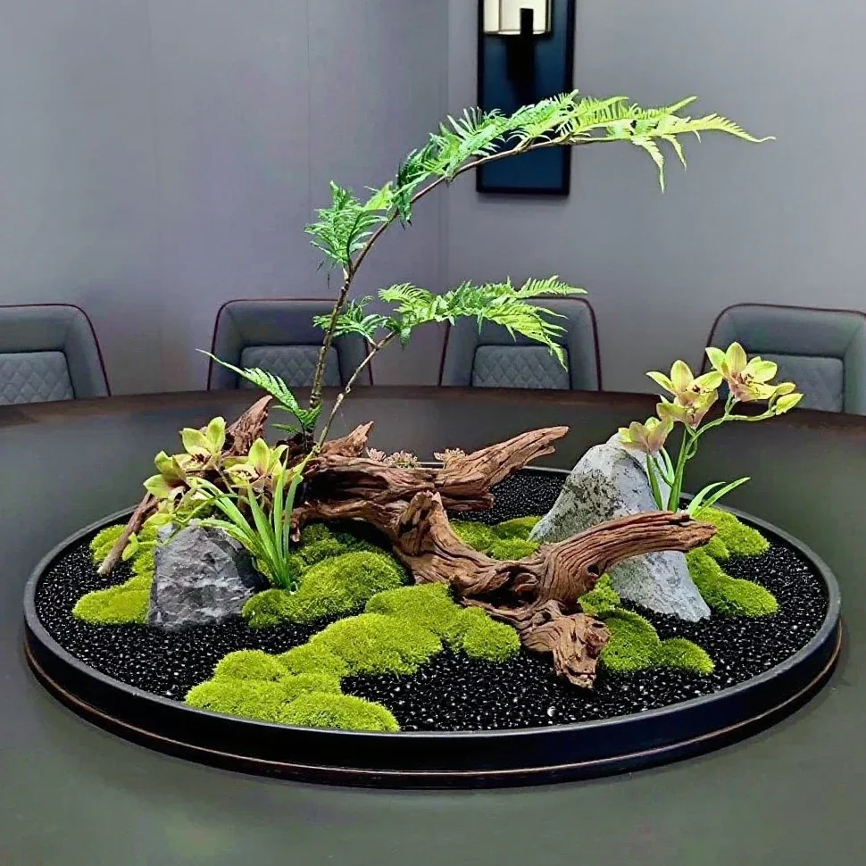 Eternal moss simulation landscape hotel private room large round table middle decoration ornament villa high-end fake flower