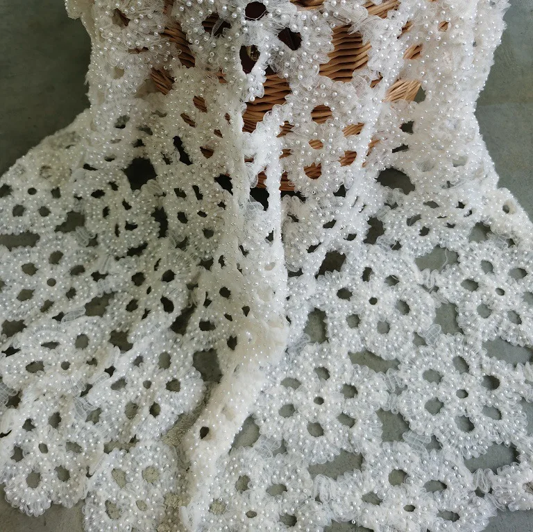 

High-end bright bead embroidered openwork floral lace fabric African Nigerian Guipure lace embroidered fabric for garmentsewing