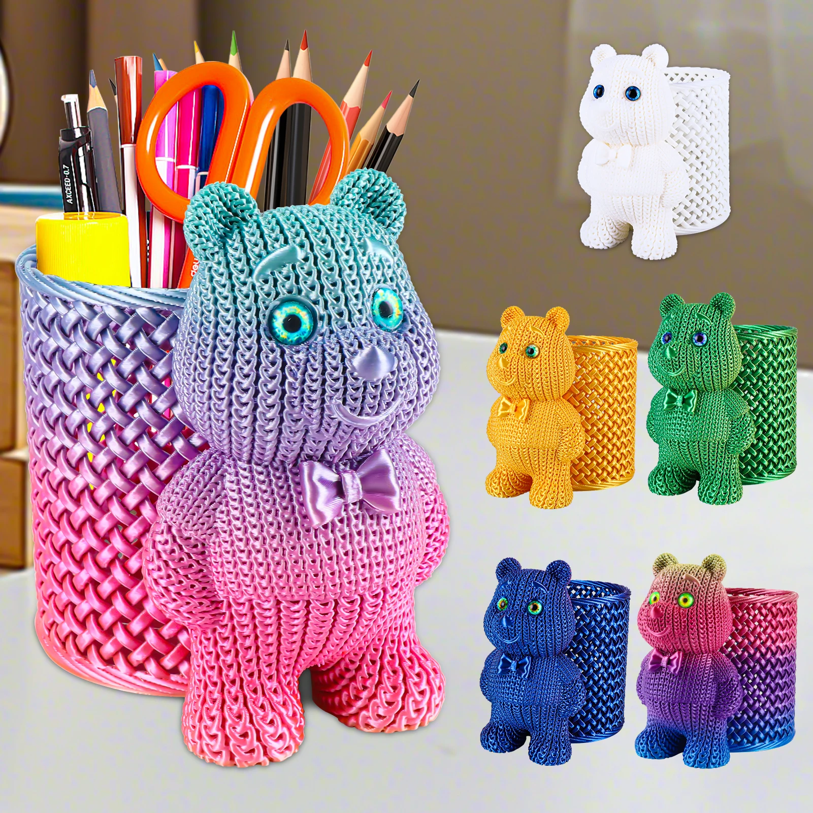 

3D Printed Knit Bear Pen Holder - Realistic Eyes & Woven Texture, Cute Desk Organizer for Office & School Supplies
