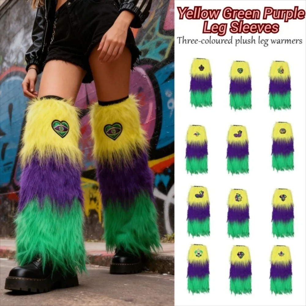 1 Pair Fashion Faux Fur Furry Leg Warmers Yellow Green Purple Mardi Gras Long Tube Sock Sequin 45cm Warm Knee Sleeve Women