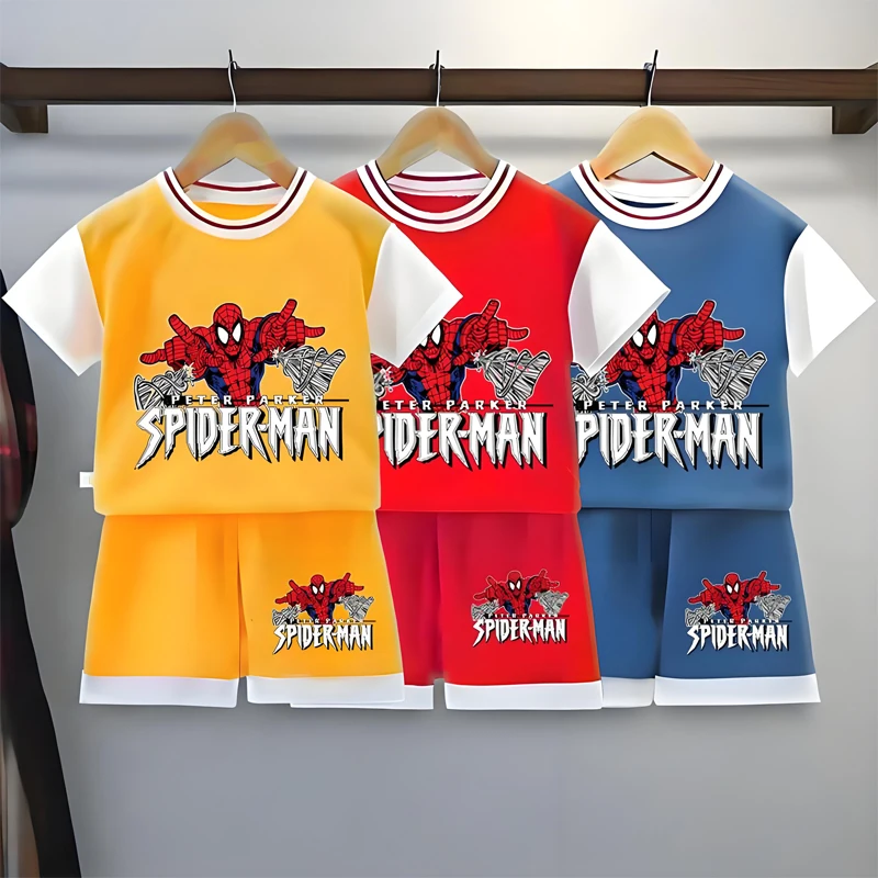

Disney Summer Breathable Boys Tshirt Sets Anime Spiderman Children's Casual Short Sleeve Top Shorts Two Piece Set Kids Outfits