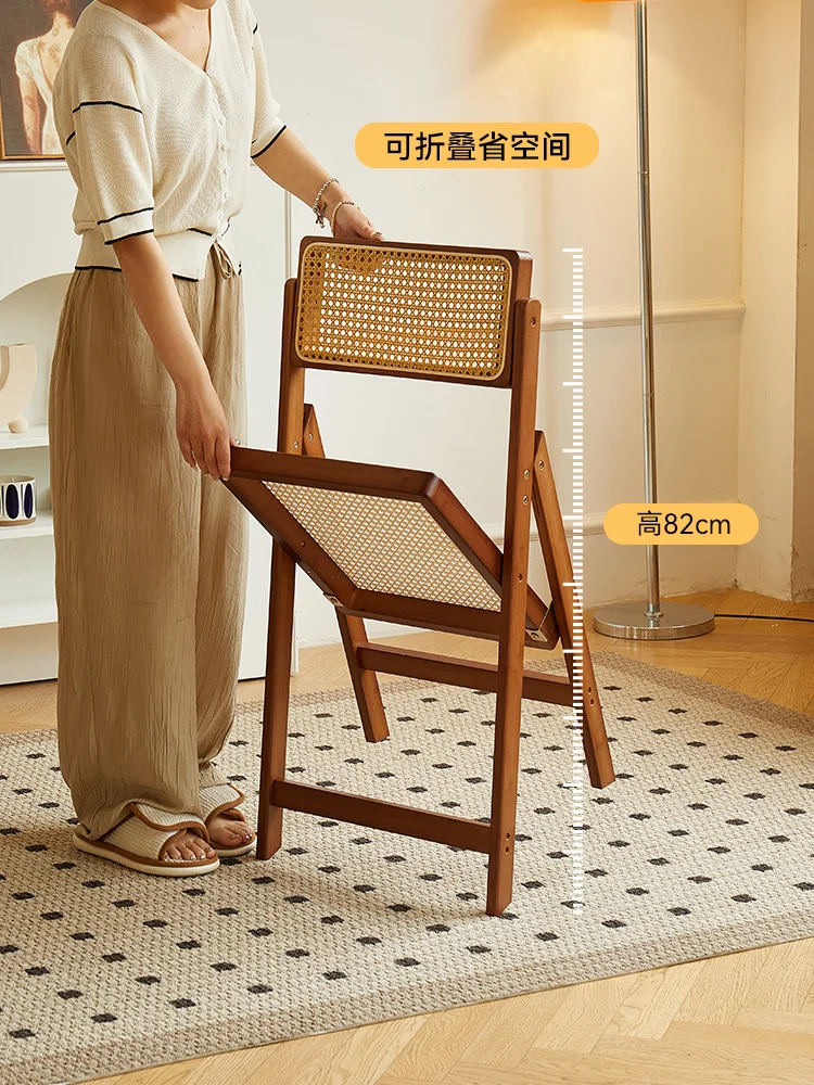 Rattan chair household folding chair bamboo solid wood back dining chair Nordic log style