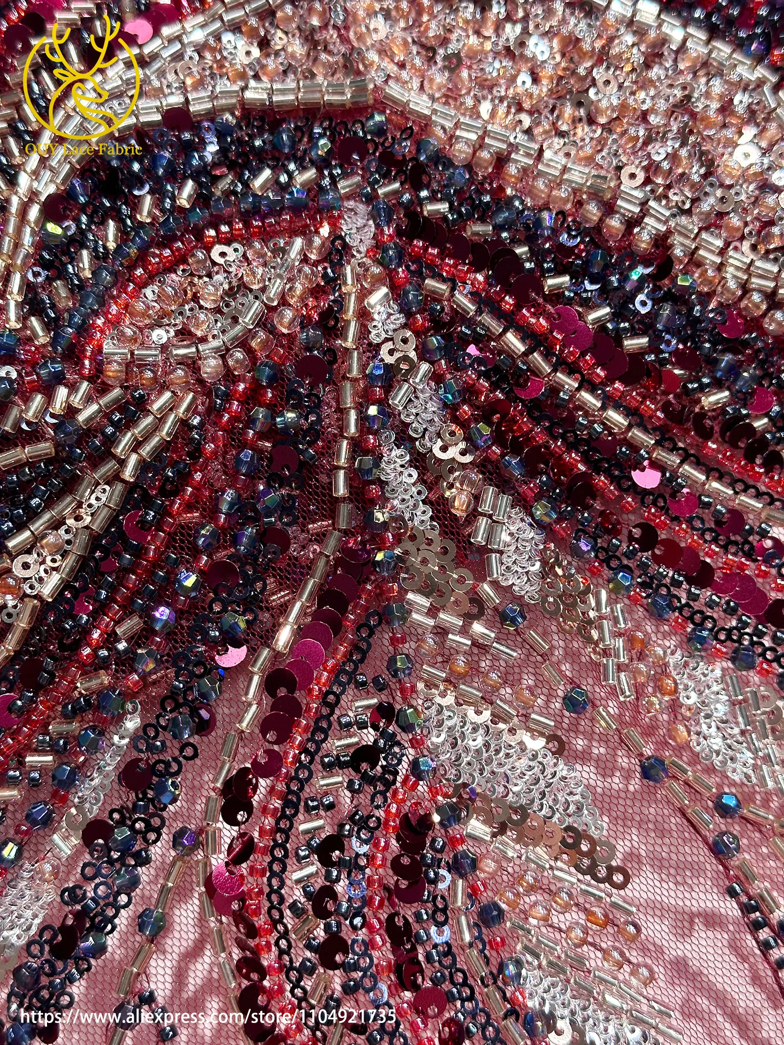 Rote französische handgefertigte Perlen-Spitzenstoffe 2026 Luxuriöse afrikanische nigerianische Pailletten-Spitzenstoffe für Hochzeitskleider – Detail 21
