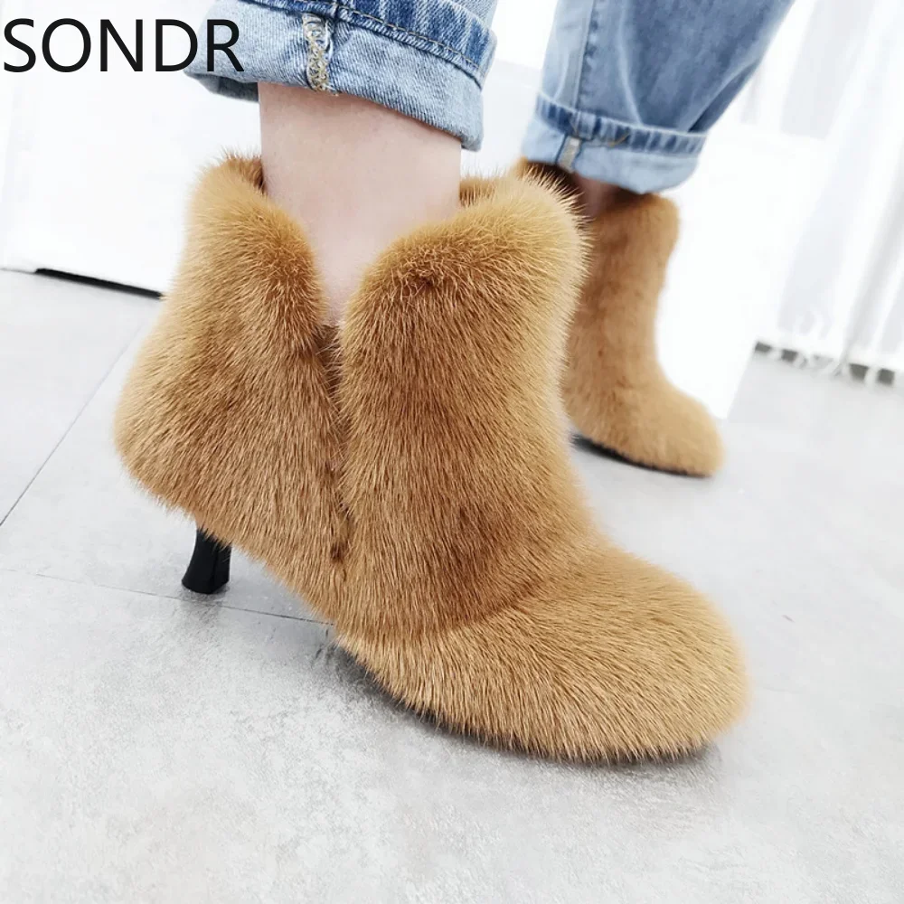 Womens Genuine Mink Fur Leather Furry Ankle Boots Stilettos High Heel Luxury Shoes Custom Made Candy 11 Color Australia