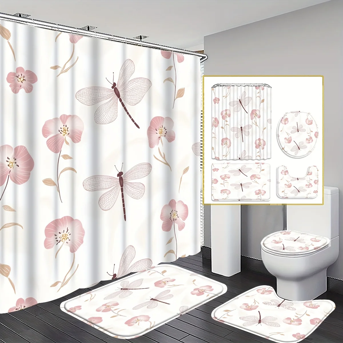 

4pc Dragonfly patterned bathroom set, includes bath mat, U-shaped mat, toilet seat cover, and shower curtain with hooks.