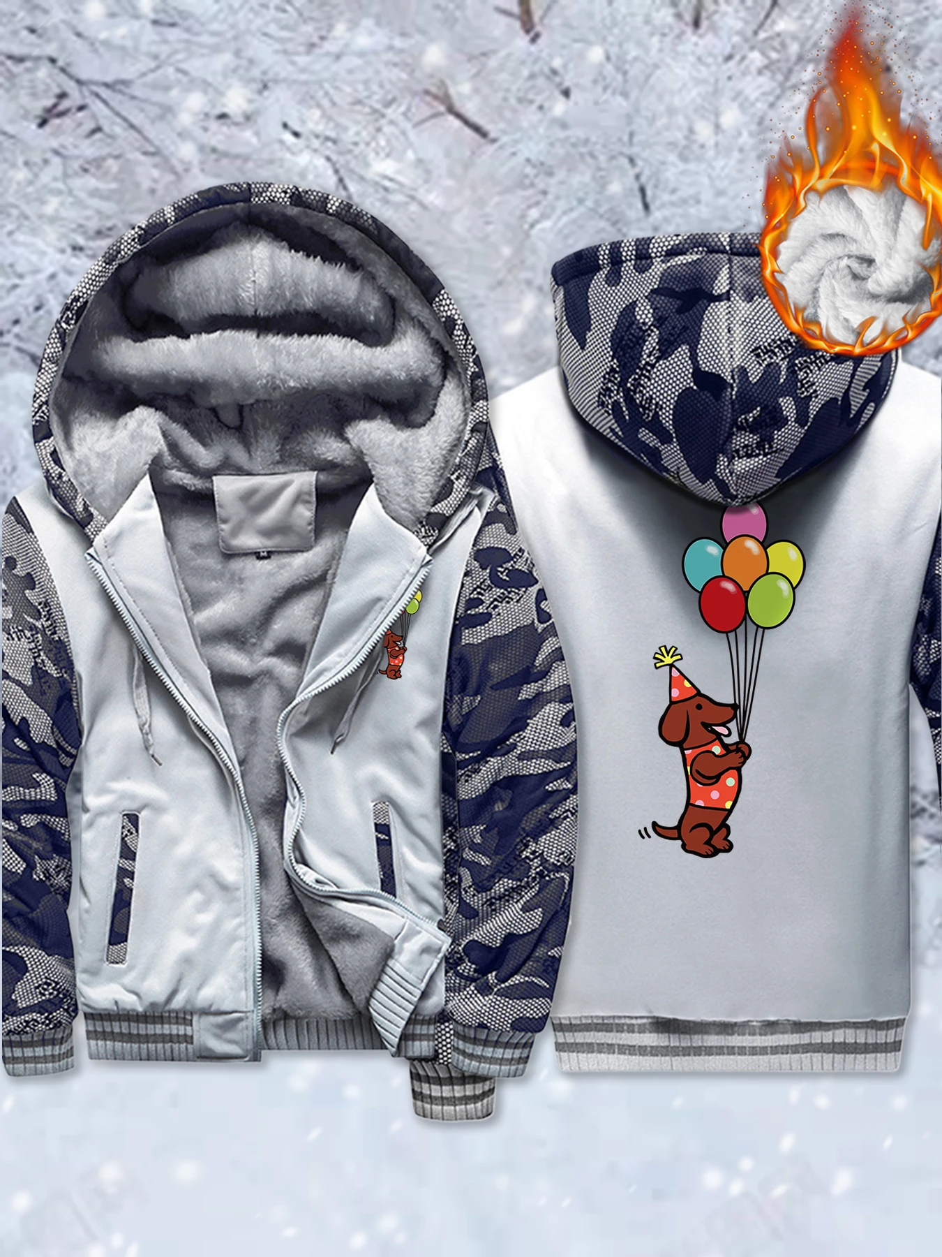 

Colorful Balloon Sausage Dog Pattern Men Thicken Coats Zipper Oversized Hoodies Pocket Winter Jacket Fleece Warm Streetwear