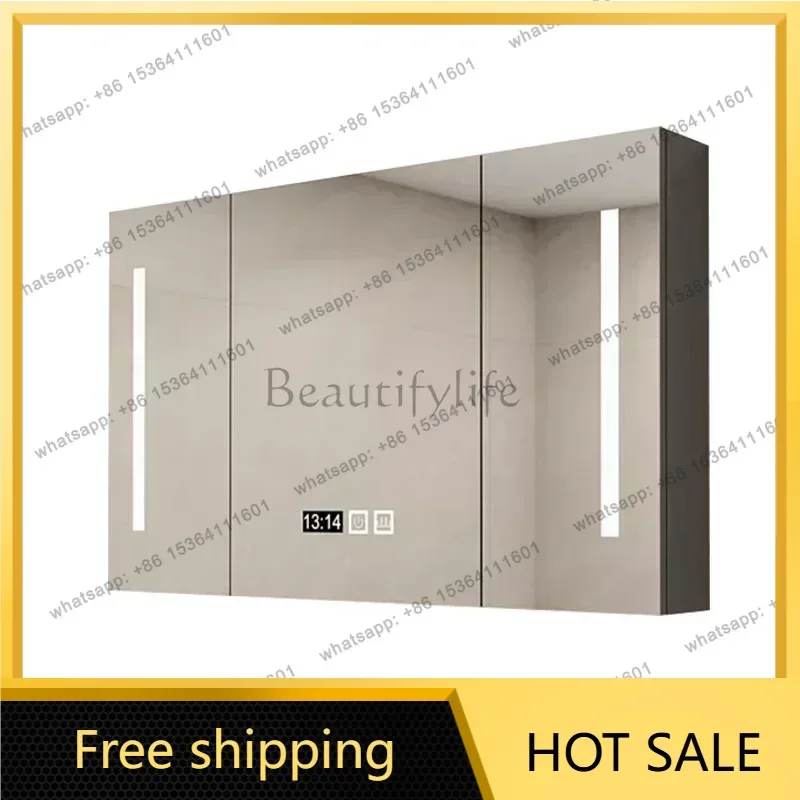 Best Sellers Solid Wood Smart Bathroom Mirror Wall-mounted Nordic LED Light Storage Mirror Cabinet Vanity Home Furniture Arredo