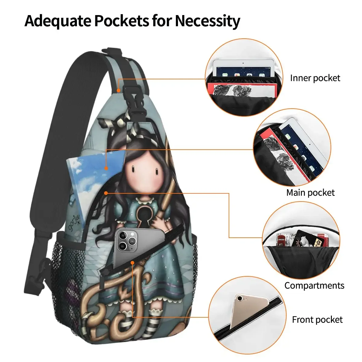 Santoros-Gorjuss Sling Bag Chest Crossbody Shoulder Backpack Travel Hiking Daypacks Cute Doll Toys Men Women Bag