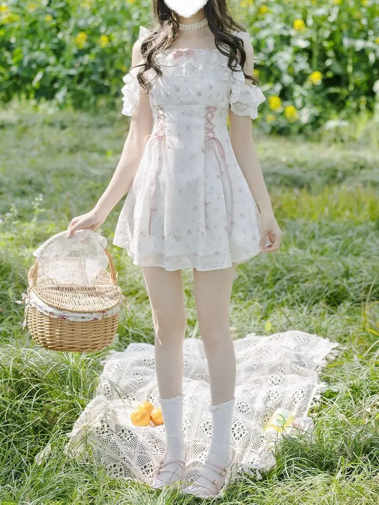 فستان ياباني حلو مكشوف الكتفين مزين بالزهور فستان نسائي موضة جديدة Kawaii Harajuku لوليتا فساتين جمالية جميلة ملابس خرافية